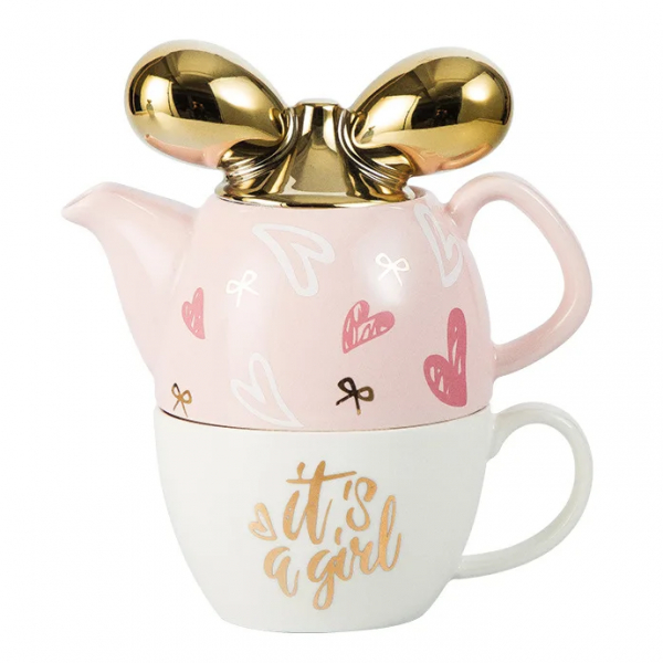 Product Image for Ceainic Set Premium cu Cana Ceramica Roz cu Fundita 360ml HML