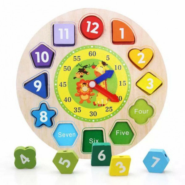 Product Image for Joc Educativ Copii Ceas din lemn Forme Geometrice si Cifre Engleza G0014 VVV