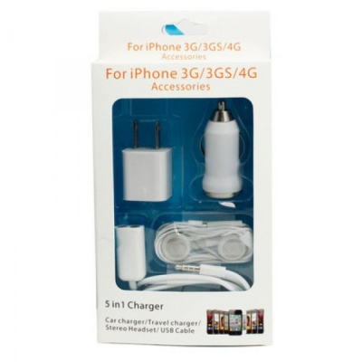 5in1 Incarcator USB, Auto, Priza, Casti, Splitter Casti iPhone 3 3GS, 4, 4S