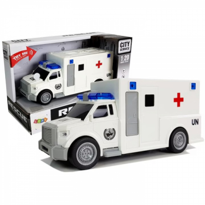 Ambulanta cu tractiune volanta alba 1:20 cu sunet WY670C CWT
