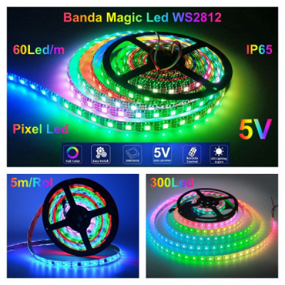 Banda LED WS2812 Digital Pixel 5050 RGBIC 5m300LED 5V IP65 18A116 XXM