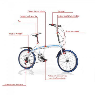Bicicleta Pliabila cu Roti 20 Inch U8 Alb cu Albastru