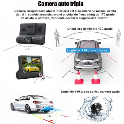 Camera Auto Tripla Blackbox Full HD, 3 Camere Ecran 4” G-Senzor