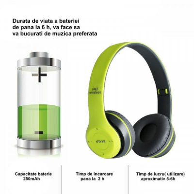 Casti Audio P47 Wireless BT Radio, Microfon 5.0+EDR Verde 2J022 XXM