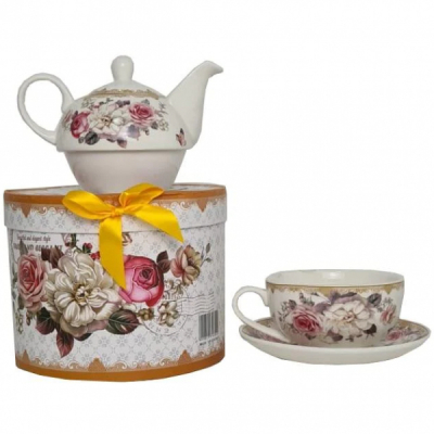 Ceainic Portelan cu Ceasca si Farfurie Premium in Cutie Cadou 350ml P446 DNB
