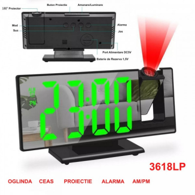Ceas cu Oglinda Mirror LED USB Proiectie Ora 3618LP Verde 13B068 XXM