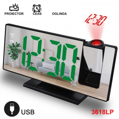 Ceas cu Oglinda Mirror LED USB Proiectie Ora 3618LP Verde 13B068 XXM