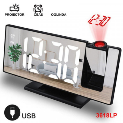 Ceas cu Oglinda Mirror LED USB Proiectie Ora 3618LP Alb 13B070 XXM