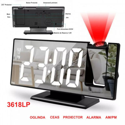 Ceas cu Oglinda Mirror LED USB Proiectie Ora 3618LP Alb 13B070 XXM