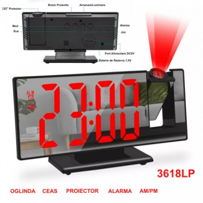 Ceas cu Oglinda Mirror LED USB Proiectie Ora 3618LP Rosu 13B069 XXM