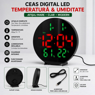 Ceas Digital LED Rotund 26cm Rosu-Verde Temperatura Umiditate 3813L DALBI 13B078 XXM