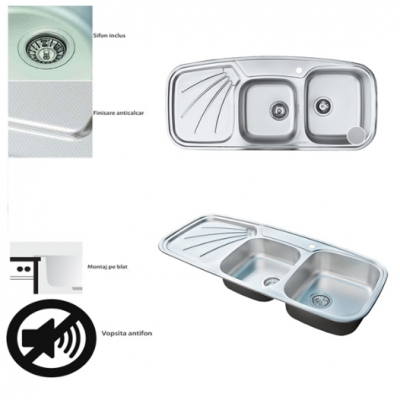 Chiuveta inox 2 cuve blat 115x50cm antifonic FREDDO SN9010