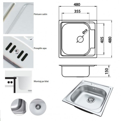 Chiuveta inox pentru blat satinata 48x48cm FREDDO SN9020