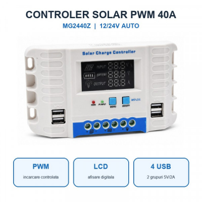 Controler Incarcare Solara PWM 40A 12/24V Auto LCD 4 USB MG2440Z DALBI 0A011 XXM