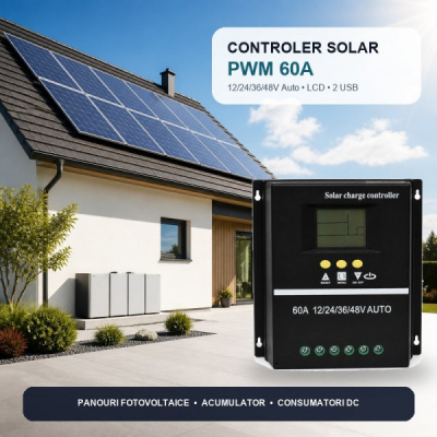 Controler Incarcare Solara PWM 60A 12/24/36/48V Auto LCD 2 USB DALBI 0A007 XXM