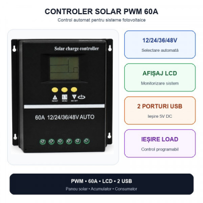 Controler Incarcare Solara PWM 60A 12/24/36/48V Auto LCD 2 USB DALBI 0A007 XXM