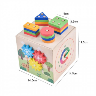 Cub educativ copii multifunctional Lemn 14.5cm sortare forme, cifre, animale CWT