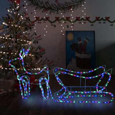 Decoratiune de Craciun Ren cu Sanie 47x125cm Furtun LEDuri Multicolore