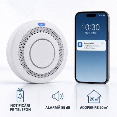 Detector de Fum WiFi Fotoelectric cu Notificari pe Telefon YG400A DALBI 14L035 XXM