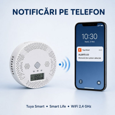 Detector Monoxid de Carbon WiFi cu Notificari pe Telefon si LCD CO400A DALBI 14L034 XXM