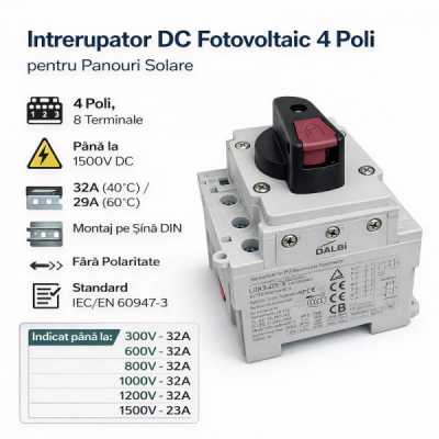 Intrerupator DC Fotovoltaic 4 Poli 1500V 32A PV Switch Disconnector 0A004 XXM