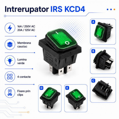 Intrerupator IRS KCD4 16A 250V Membrana Cauciuc LED VERDE Dalbi 6B032 XXM