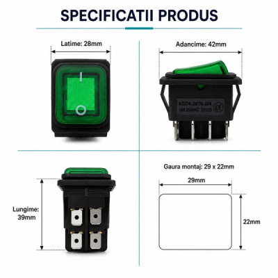 Intrerupator IRS KCD4 16A 250V Membrana Cauciuc LED VERDE Dalbi 6B032 XXM