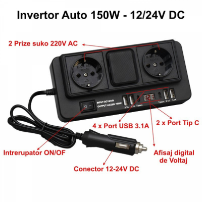 Invertor Auto de Tensiune 500W 12/24V DC la 2x220V AC 4xUSB 3.1 si 2xUSB Tip C 7C006 XXM