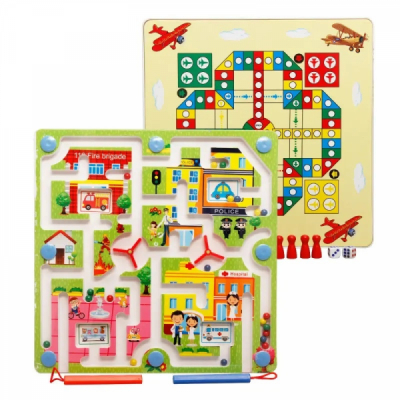 Joc labirint 2in1 pentru copii din lemn 2 jocuri oras/avioane 25x25x1.5cm MWZ-3089 CWT