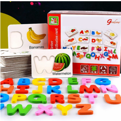 Joc lemn educativ Litere 3D cu cartonase cu fructe DN-028 CWT