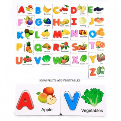 Joc lemn educativ Litere 3D cu cartonase cu fructe DN-028 CWT