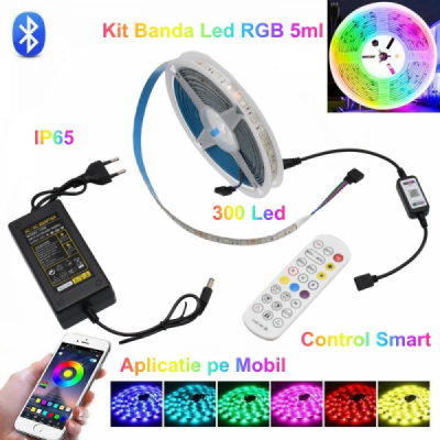 Kit Banda LED 5050 RGB IP65 5m IP65, Bluetooth, Telecomanda 18A142 XXM