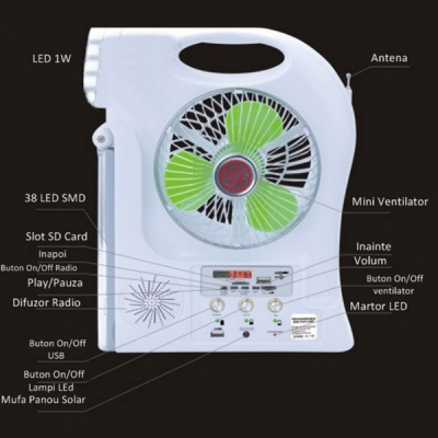 Kit Solar Lampa LED 1W, Neon, Ventilator, Radio, SD si USB YJ5865FSYKT