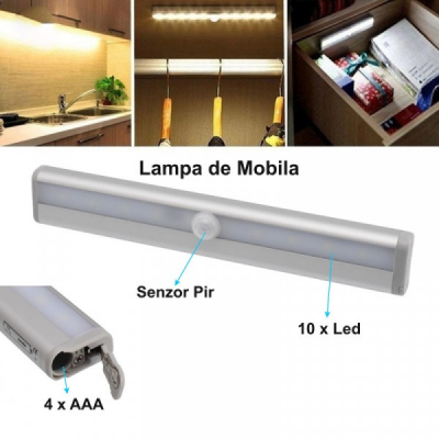 Lampa de Mobila cu Senzor PIR, 10 LEDuri pe Baterii 4xAAA 18D053 XXM