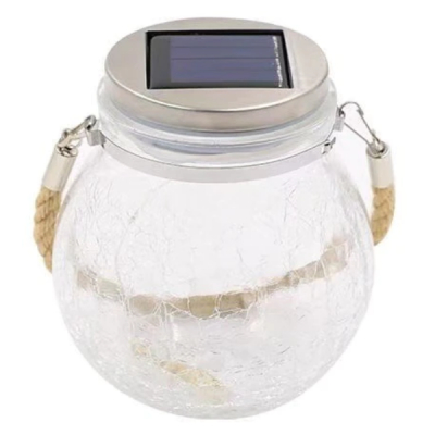 Lampa Solara Borcan Sticla Crack, Felinar Solar IP65 Glob LED Alb Cald