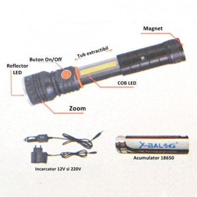 Lanterna LED cu Zoom, Tub Cob Led Extractibil, Magnet  12V 220V BL807