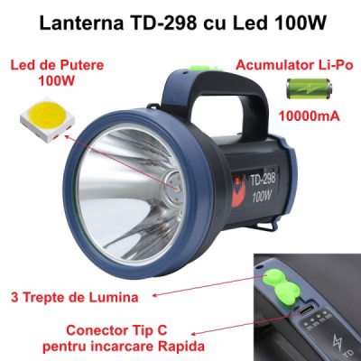Lanterna LED TD-298 100W 3 Faze Lumina Acumulator LI-Po 19A084 XXM