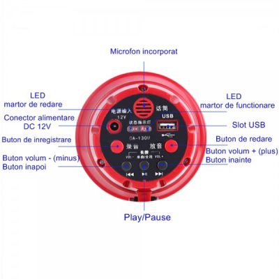 Megafon Portavoce Portabila cu Inregistrare si Slot USB 12V CA130U