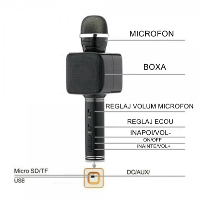 Microfon Wireless Karaoke Iluminat cu Bluetooth, USB, SD si AUX YS68