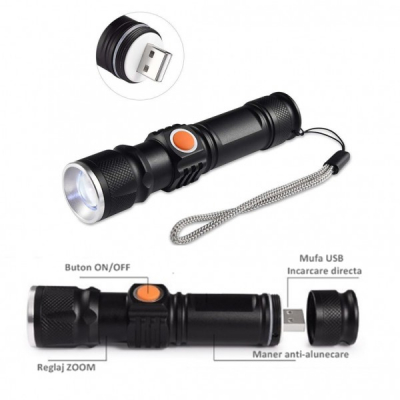 Mini Lanterna LED 3W Compacta, Zoom si Incarcare Directa USB BL515T6