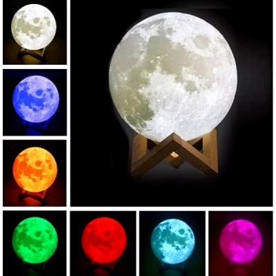 Moon Lamp 3D 15cm Lampa Luna LED Multicolor Sup. Lemn USB