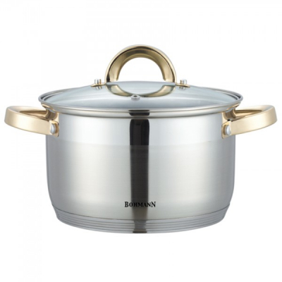 Oala Inox cu Capac Sticla si Manere Aurii 5L 22cm Bohmann BH1422G