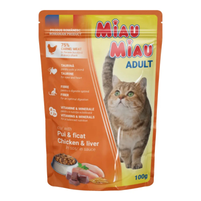 Pachet 5 Plicuri hrana umeda pisici Miau Miau cu Pui si Ficat 5x100g DNC38734