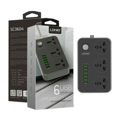 Prelungitor cu 3 Prize si 6 USB Cablu 2m LDNIO SC3604
