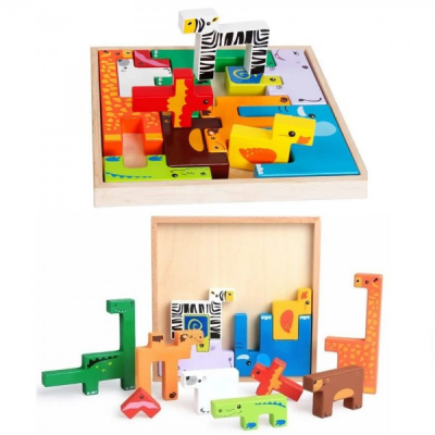 Puzzle Educativ Copii tip Tetris cu Animalute de Lemn