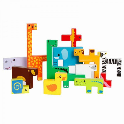 Puzzle Educativ Copii tip Tetris cu Animalute de Lemn
