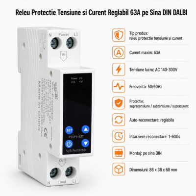 Releu Protectie Tensiune si Curent Reglabil 63A pe Sina DIN DALBI 5D049 XXM