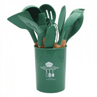 Set 12 Ustensile Bucatarie Silicon Manere Lemn, Suport DIV.Culori WX DNC59441