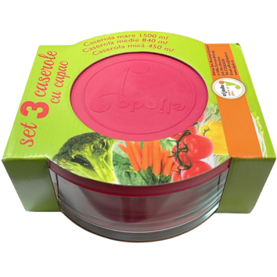 Set 3 Caserole Rotunde Sticla cu Capace 1.5l 0.84l 0.45l SE0318GCL CNN51648