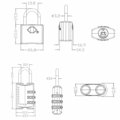 Set 3 Lacate cu cifru alama pentru calatorii TSA Yale 43mm MNR8899